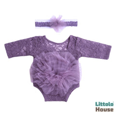 Baby Girl Flower Net Lace Romper with Headband O242 | 3M | Purple