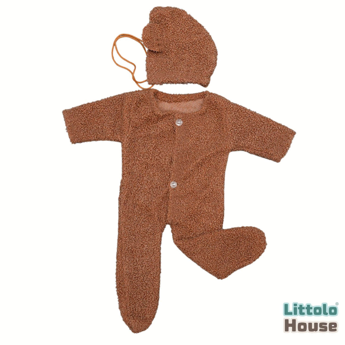 Baby Fleece Romper With Bear Bonnet O243 | 2M | Brown
