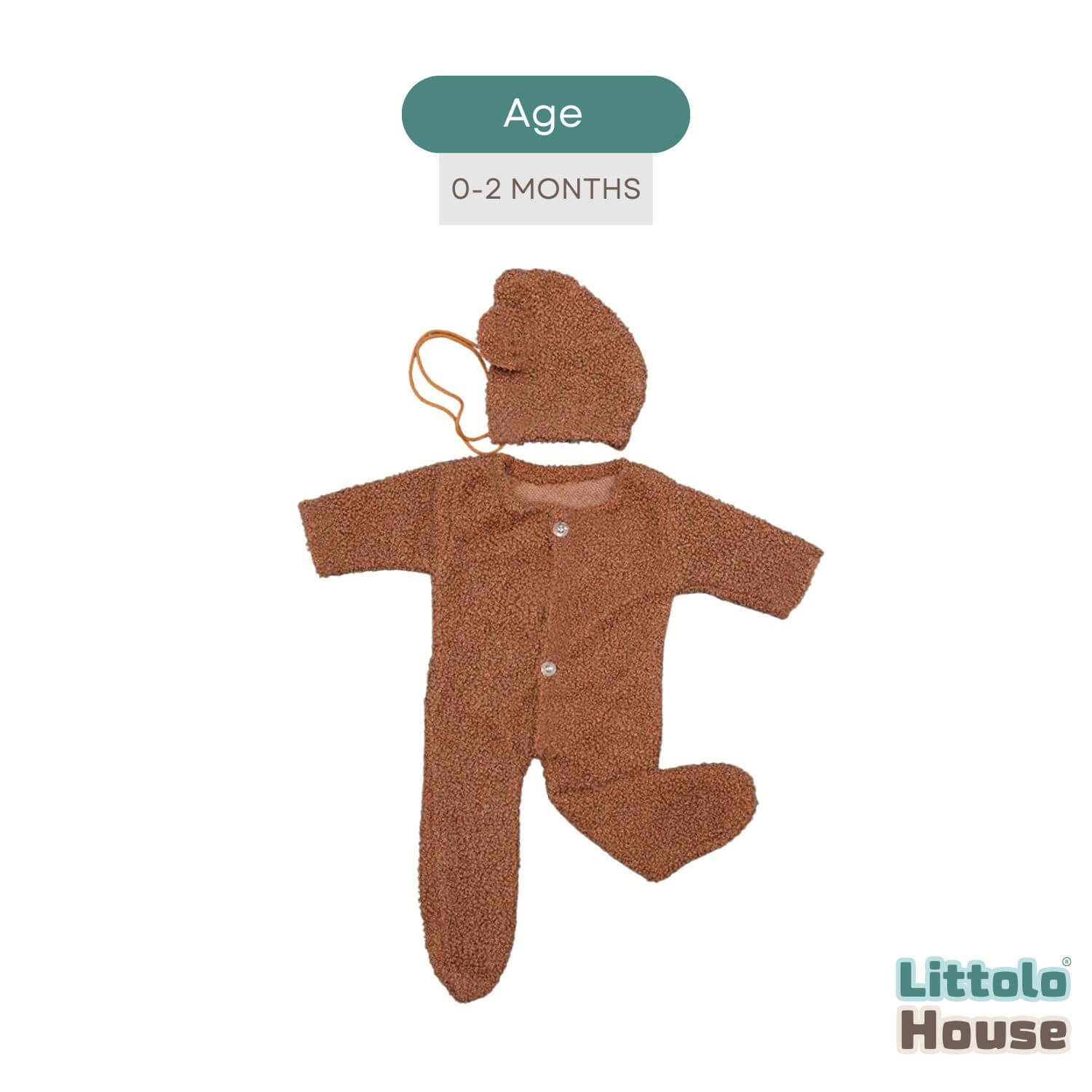 Baby Fleece Romper With Bear Bonnet O243 | 2M | Brown