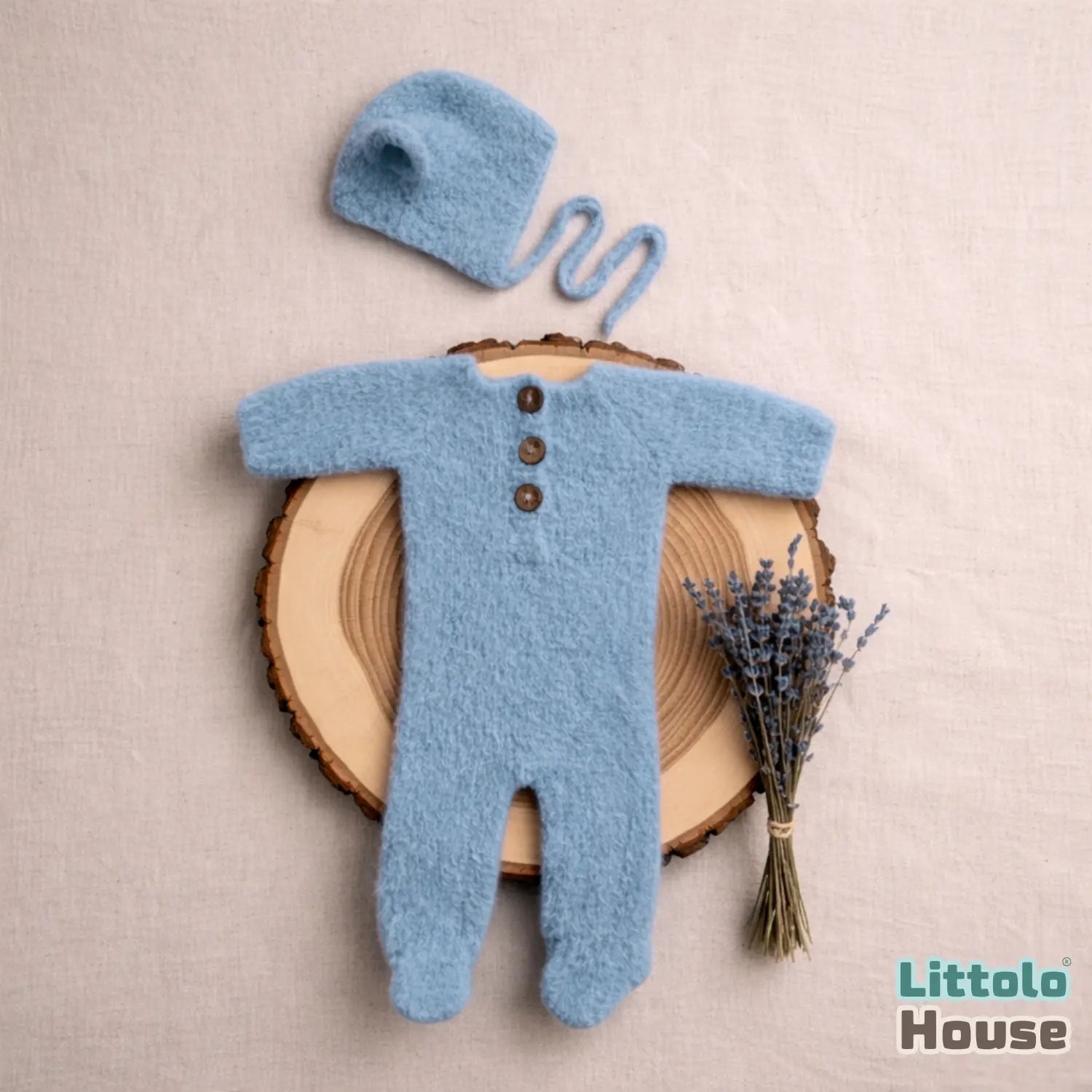 Baby Premium Soft Wool Romper with Bonnet O247 | NB | Blue