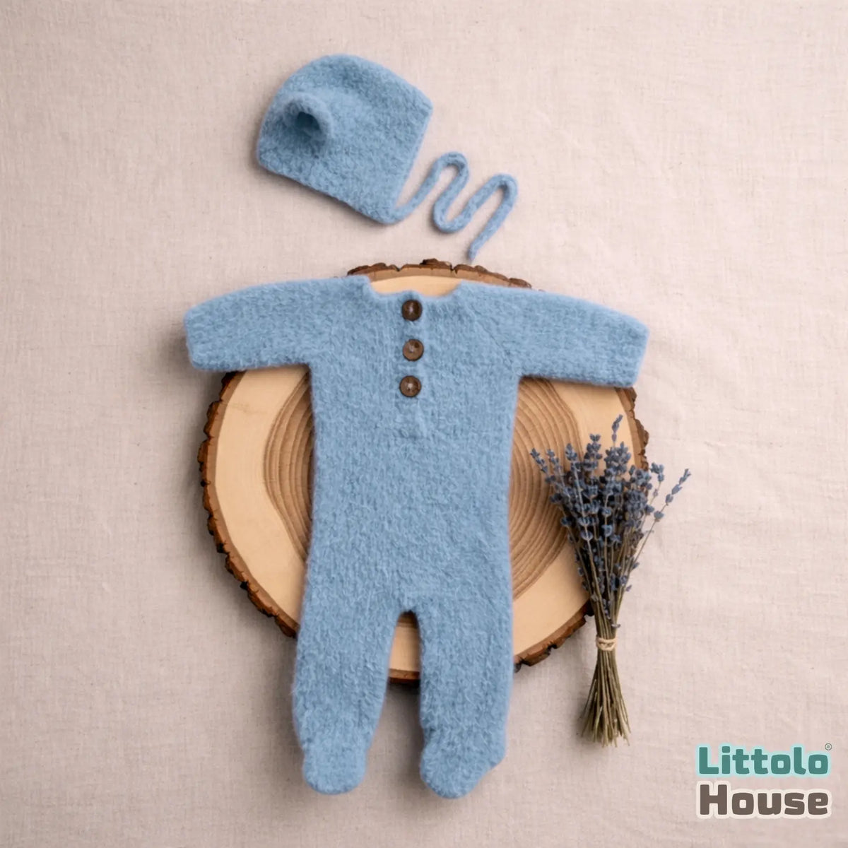 Baby Premium Soft Wool Romper with Bonnet O247 | NB | Blue