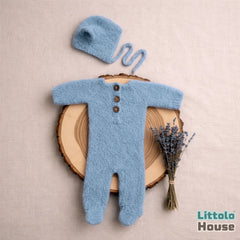 Baby Premium Soft Wool Romper with Bonnet O247 | NB | Blue