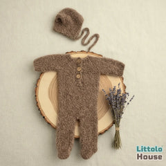 Baby Premium Soft Wool Romper with Bonnet O247 | NB | Chocolate Brown
