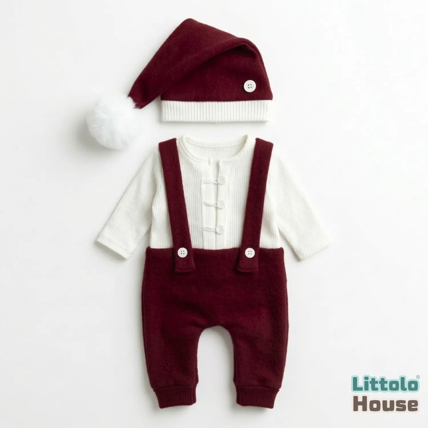 Baby Textured Strapped Romper with Pom Pom Hat O262 | 3M | Maroon