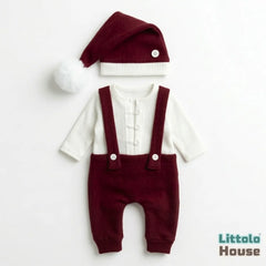 Baby Textured Strapped Romper with Pom Pom Hat O262 | 3M | Maroon