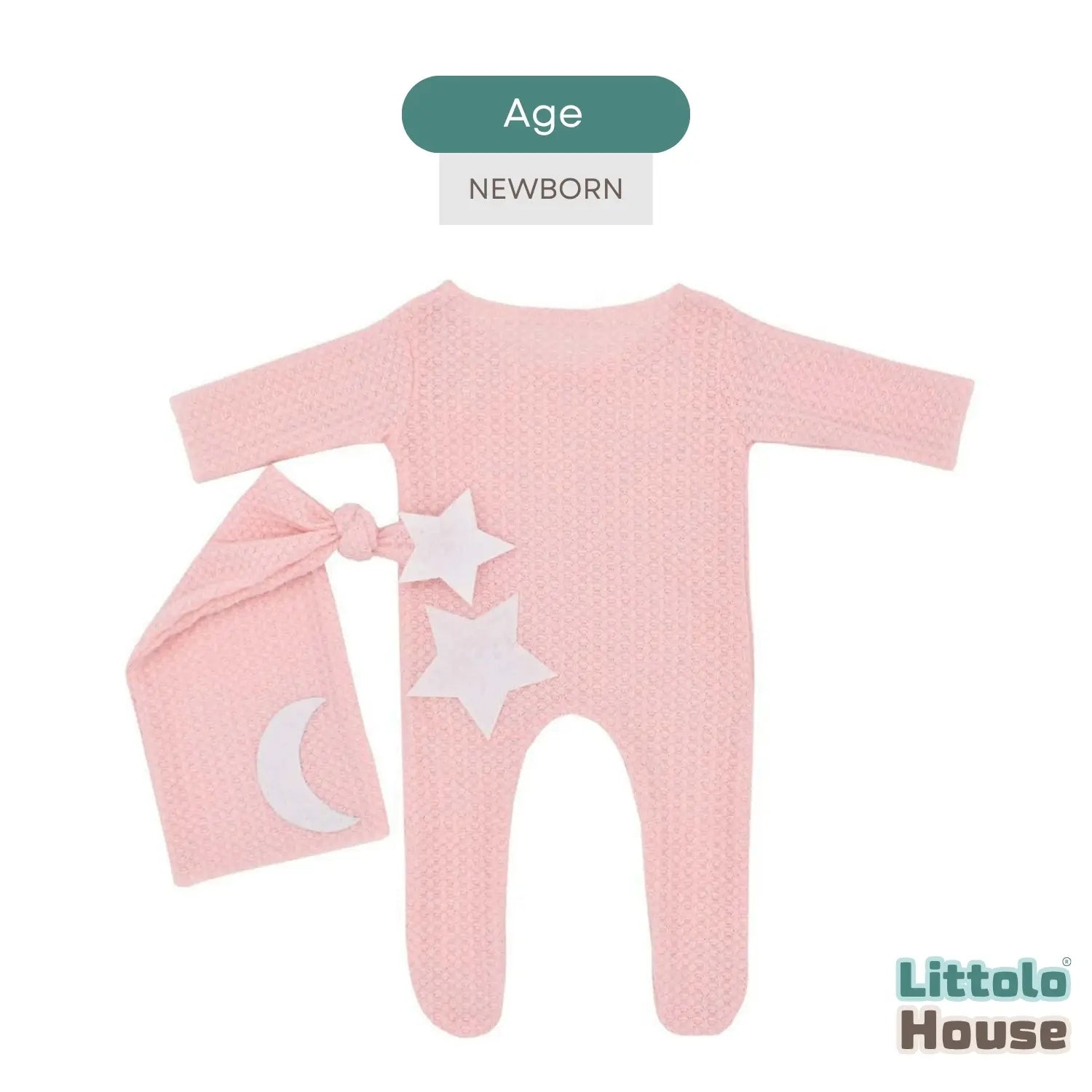 Baby Moon Star Waffle Romper with Sleep Hat O263 | 2M | Light Pink