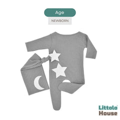 Baby Moon Star Waffle Romper with Sleep Hat O263 | 2M | Light Grey