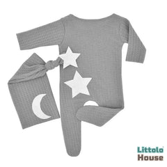 Baby Moon Star Waffle Romper with Sleep Hat O263 | 2M | Light Grey
