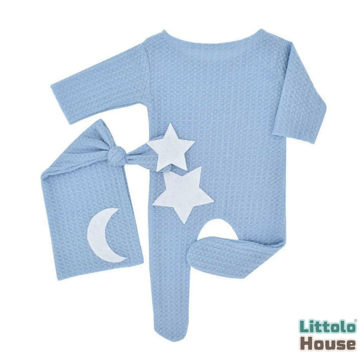 Baby Moon Star Waffle Romper with Sleep Hat O263 | 2M | Sky Blue