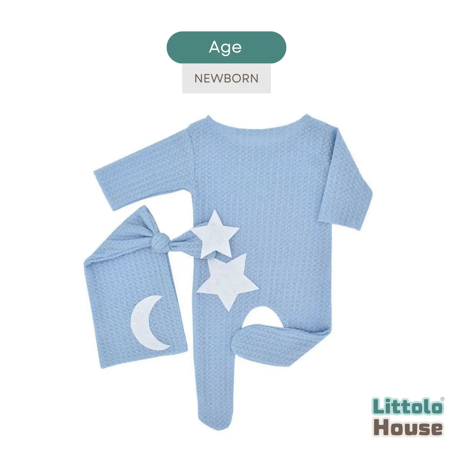 Baby Moon Star Waffle Romper with Sleep Hat O263 | 2M | Sky Blue