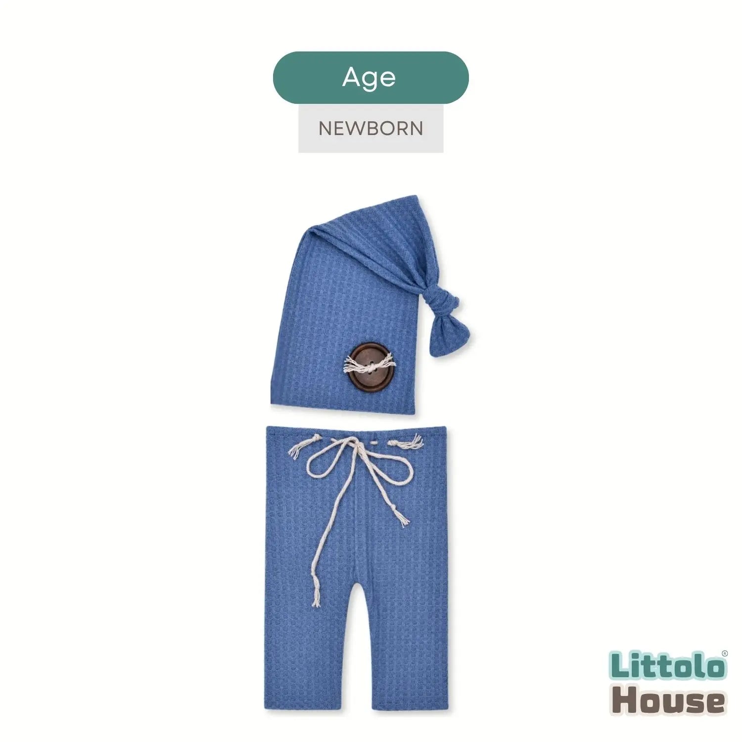 Baby Waffle Knit Knotted Hat & Pants Set O266 | NB | Denim Blue