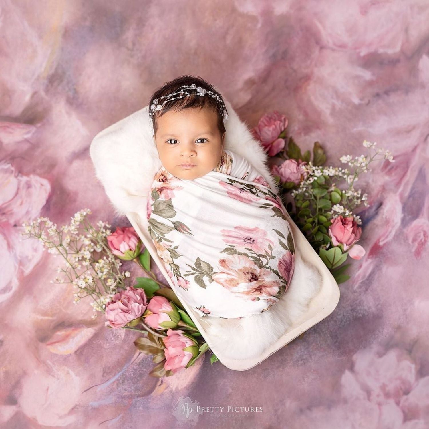 Baby Floral Swaddle Wrap with Hairband SR078 | NB | Pink