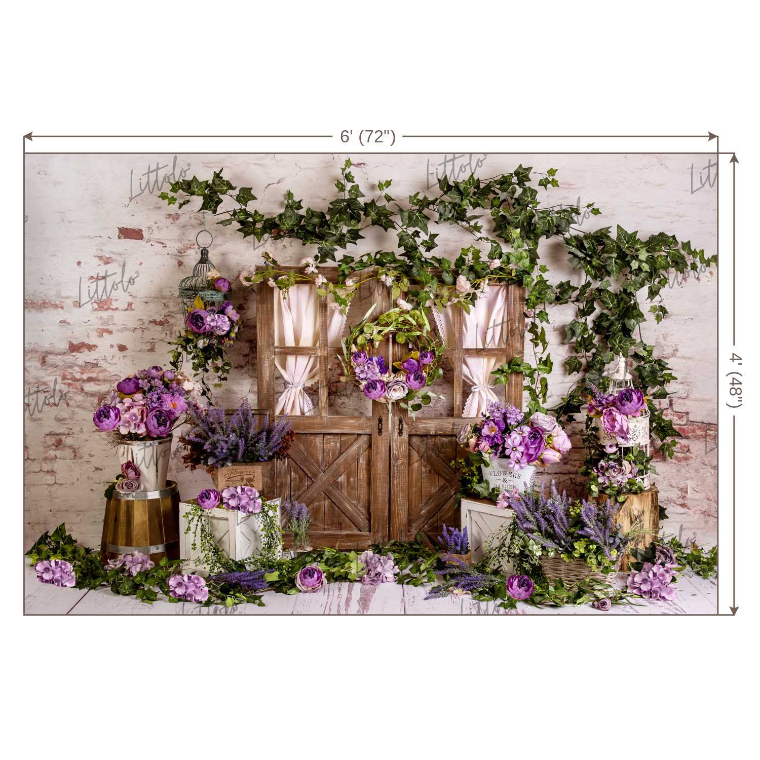 LB0333 Spring Purple Rustic Brown Barn Door Backdrop