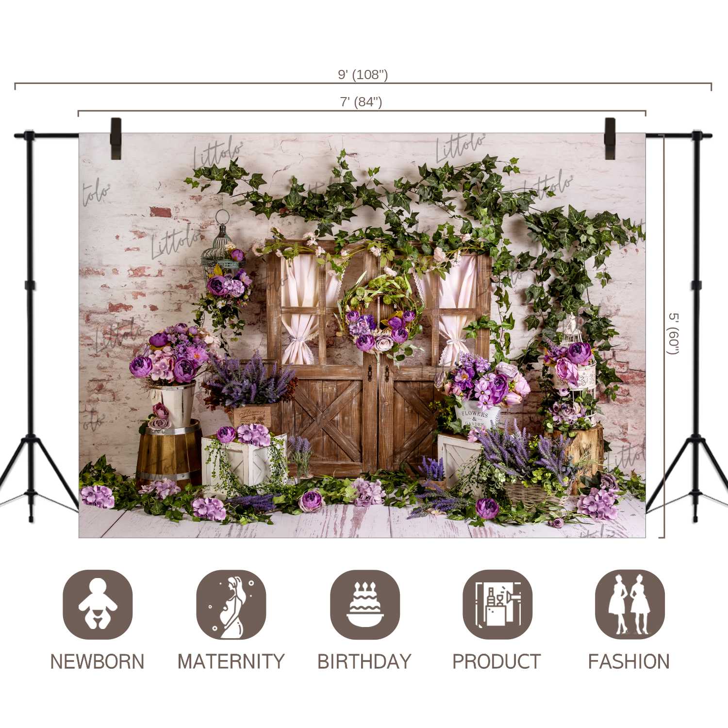 LB0333 Spring Purple Rustic Brown Barn Door Backdrop