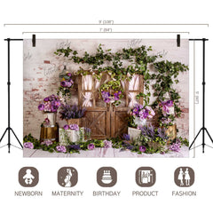 LB0333 Spring Purple Rustic Brown Barn Door Backdrop