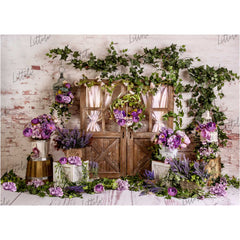 LB0333 Spring Purple Rustic Brown Barn Door Backdrop