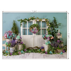 LB0341 Spring Purple Rustic White Barn Door Backdrop