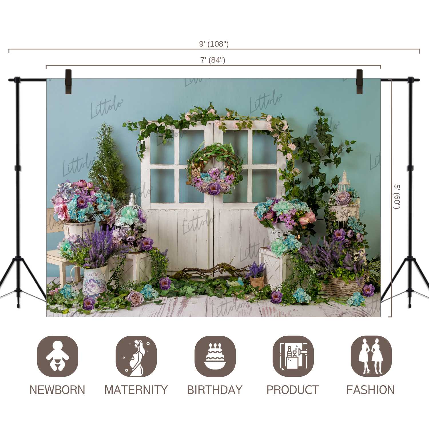 LB0341 Spring Purple Rustic White Barn Door Backdrop