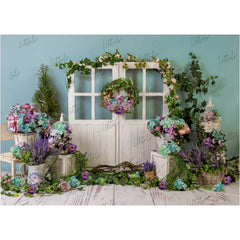 LB0341 Spring Purple Rustic White Barn Door Backdrop