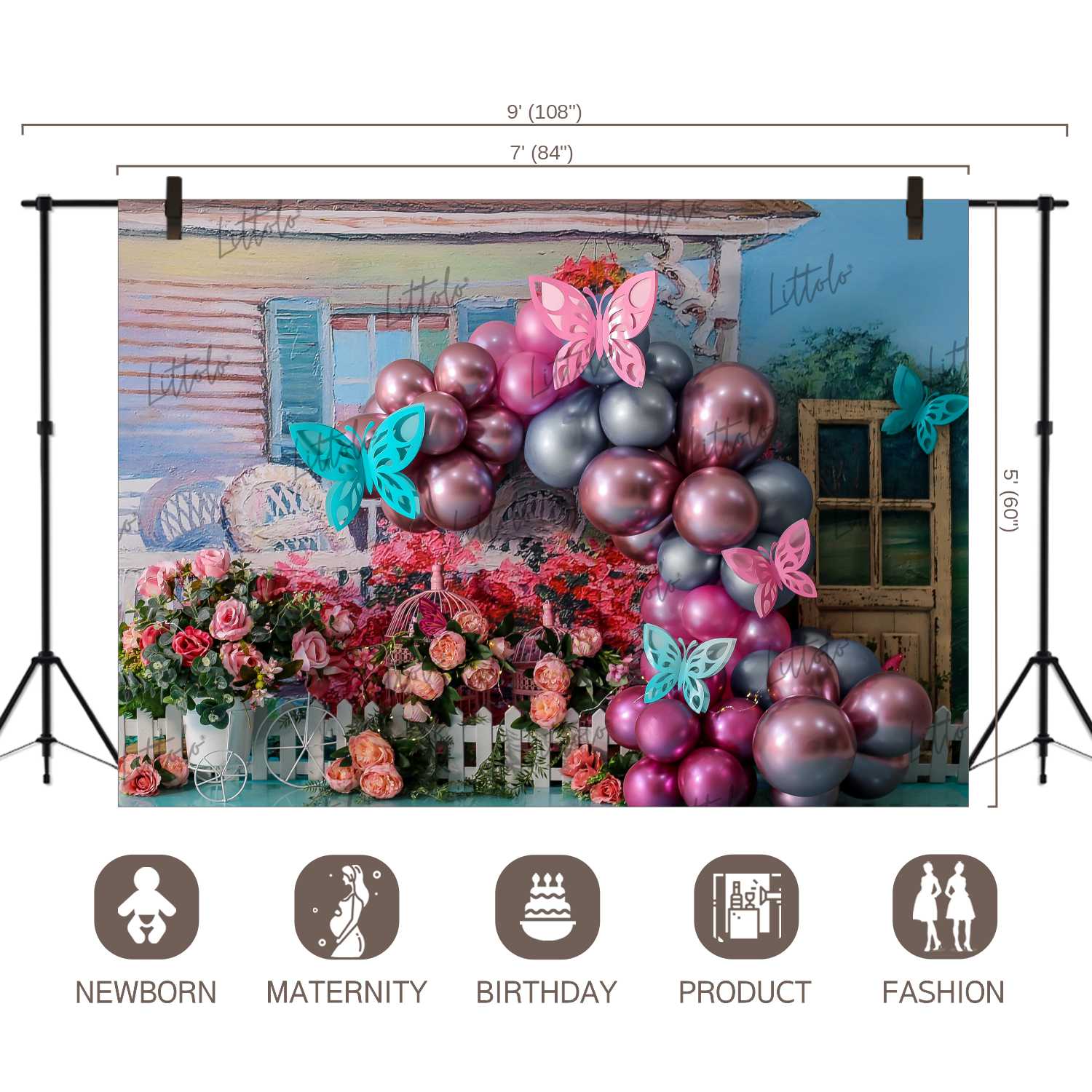 LB0352 Floral Balloon Butterfly Backdrop