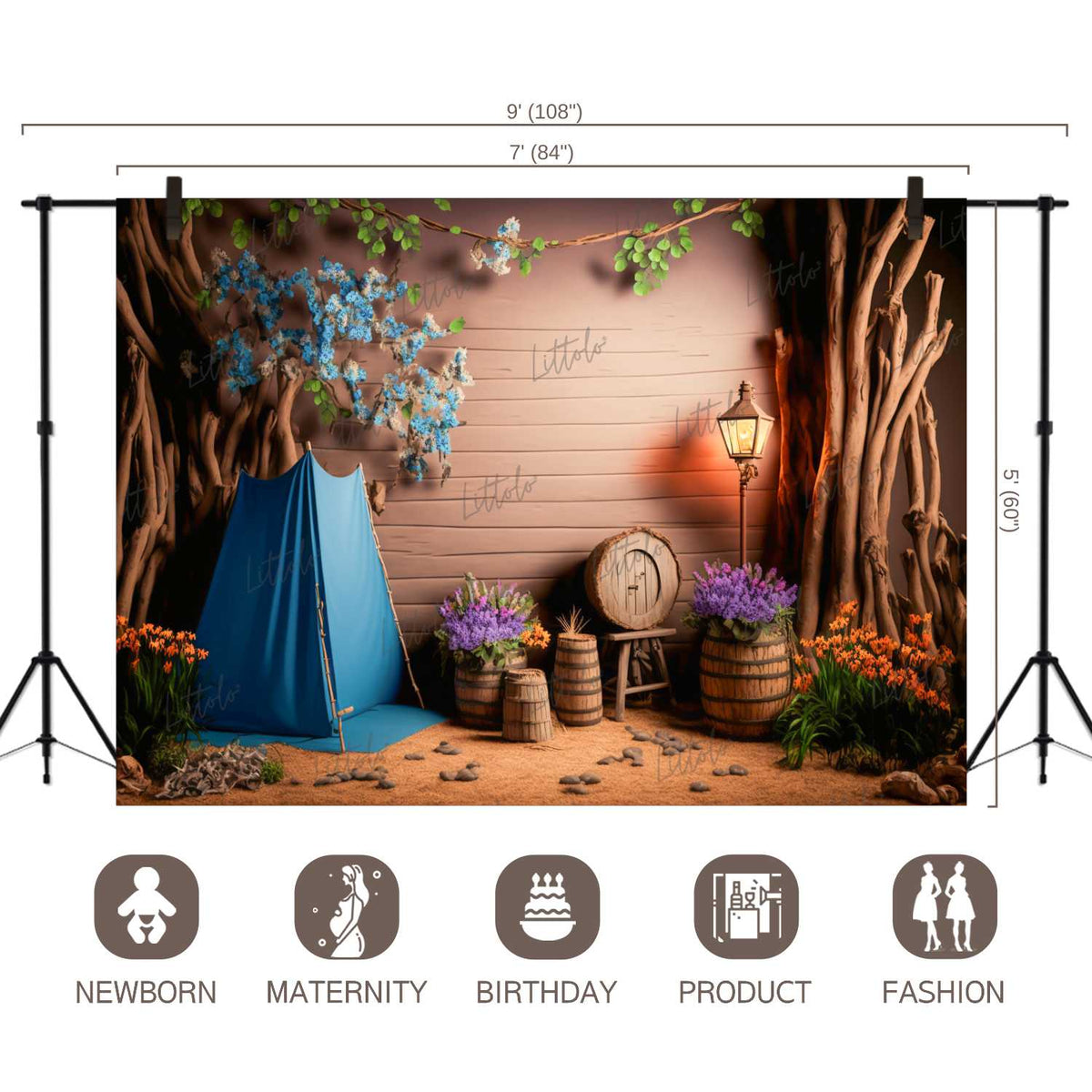 LB0465 Vintage Glamping Tent Backdrop | RTS