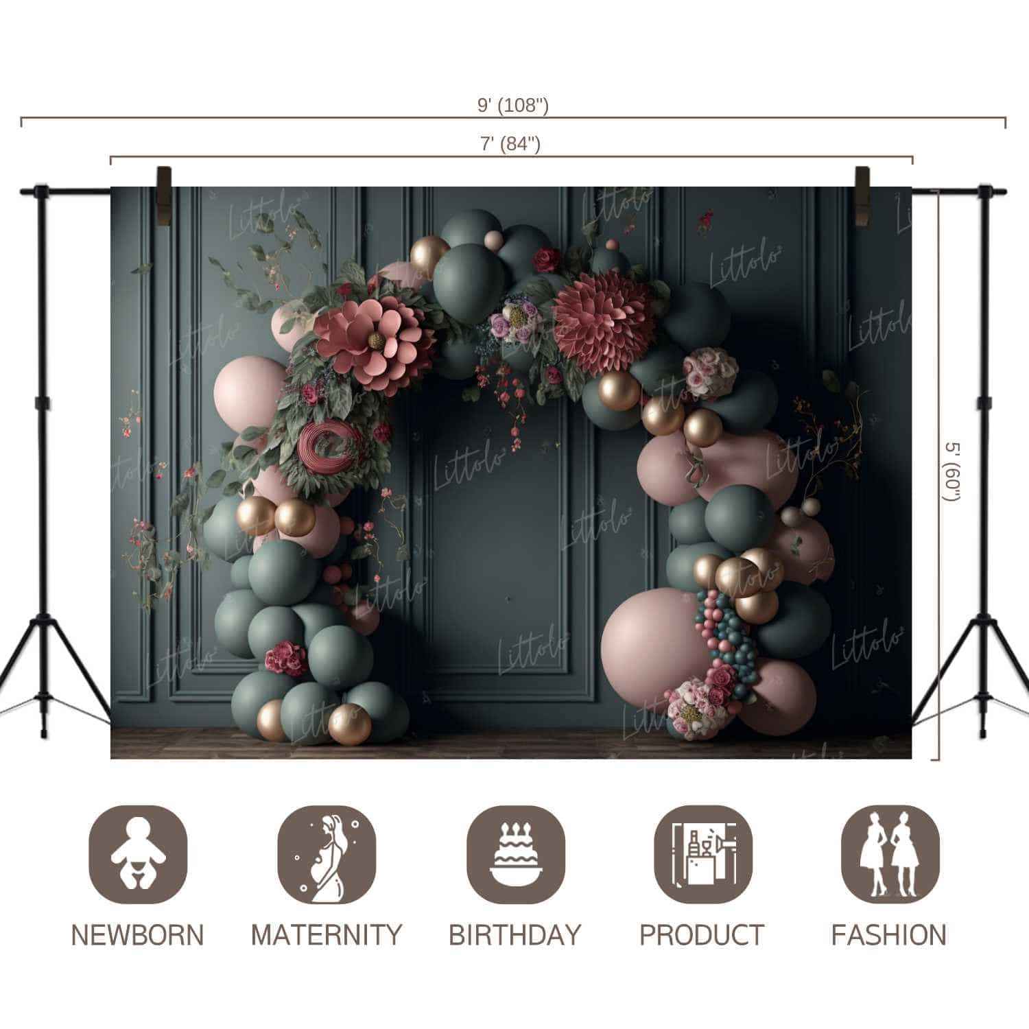 LB0727 Balloons Garland Floral Backdrop