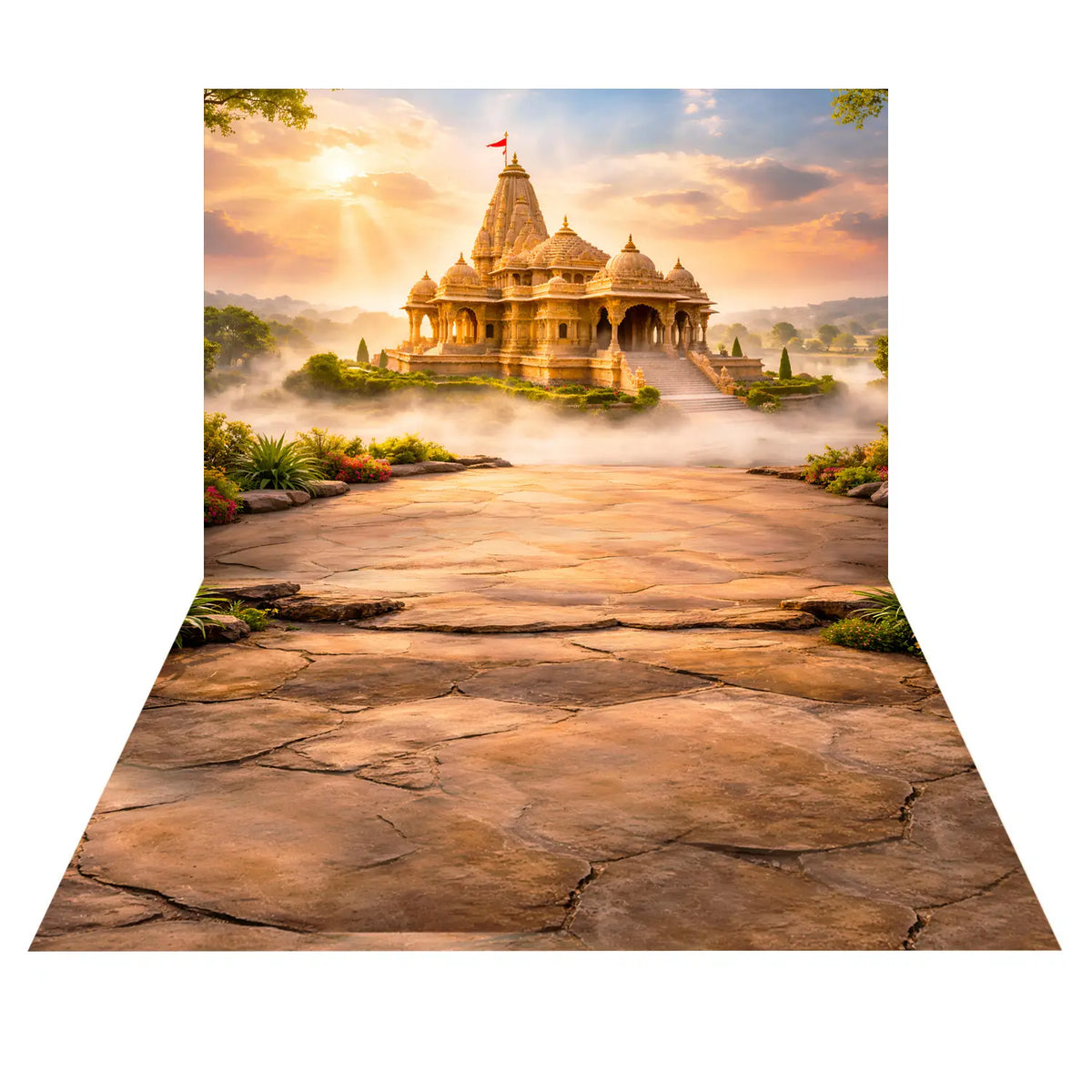 LB1595 Divine Ayodhya Sunrise Ram Navami Temple Floor & Wall Backdrop (2 Pcs)