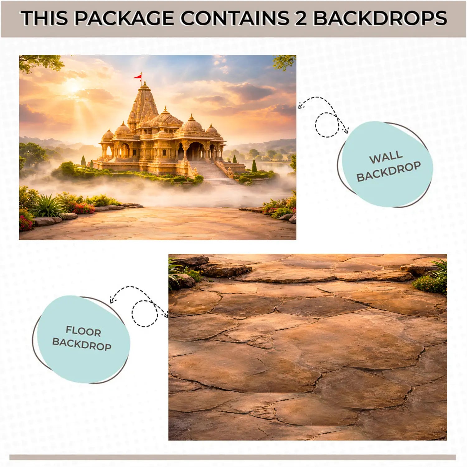 LB1595 Divine Ayodhya Sunrise Ram Navami Temple Floor & Wall Backdrop (2 Pcs)