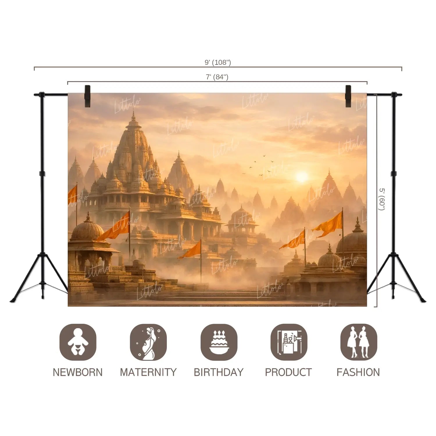LB1598W Majestic Sunrise Ayodhya With Saffron Flags Wall Backdrop