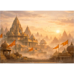 LB1598W Majestic Sunrise Ayodhya With Saffron Flags Wall Backdrop