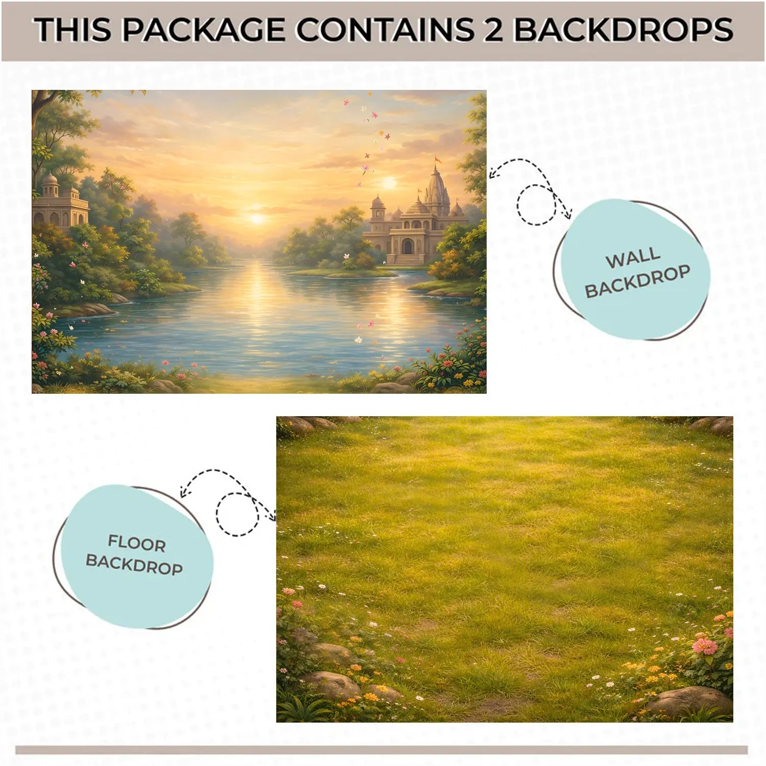 LB1608C Vrindavan Yamuna Ghat Sunrise Floor & Wall Backdrop (2 Pcs)