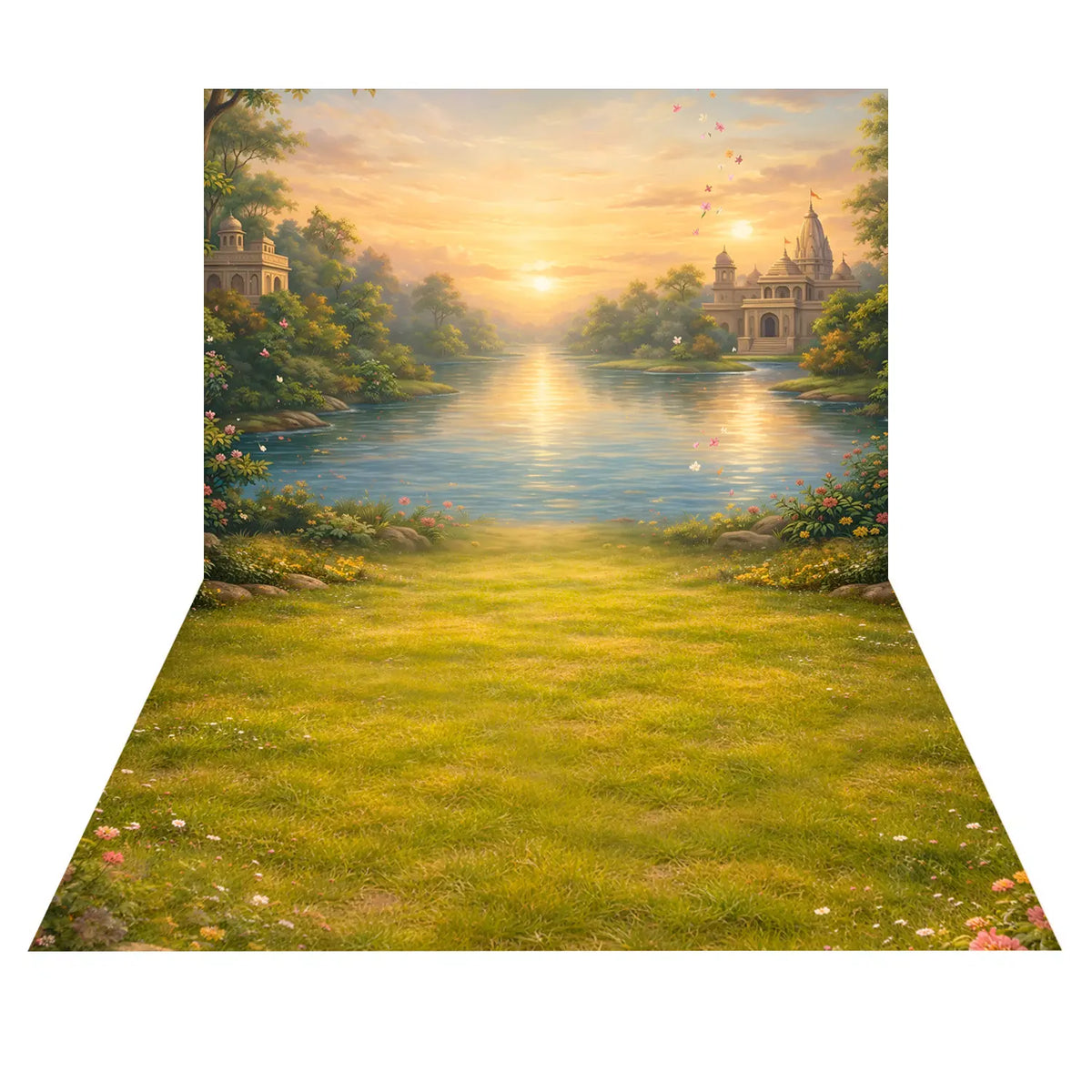 LB1608C Vrindavan Yamuna Ghat Sunrise Floor & Wall Backdrop (2 Pcs)