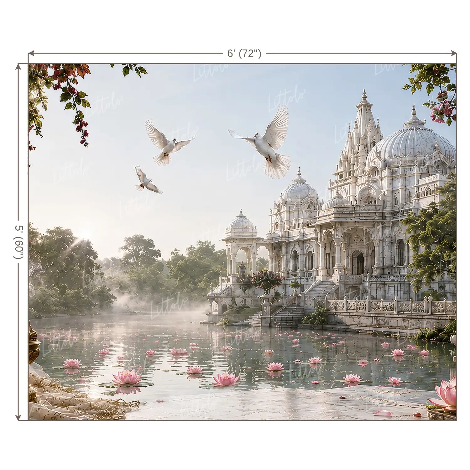 LB1642W Janmashtami Lotus Pond Temple Wall Backdrop