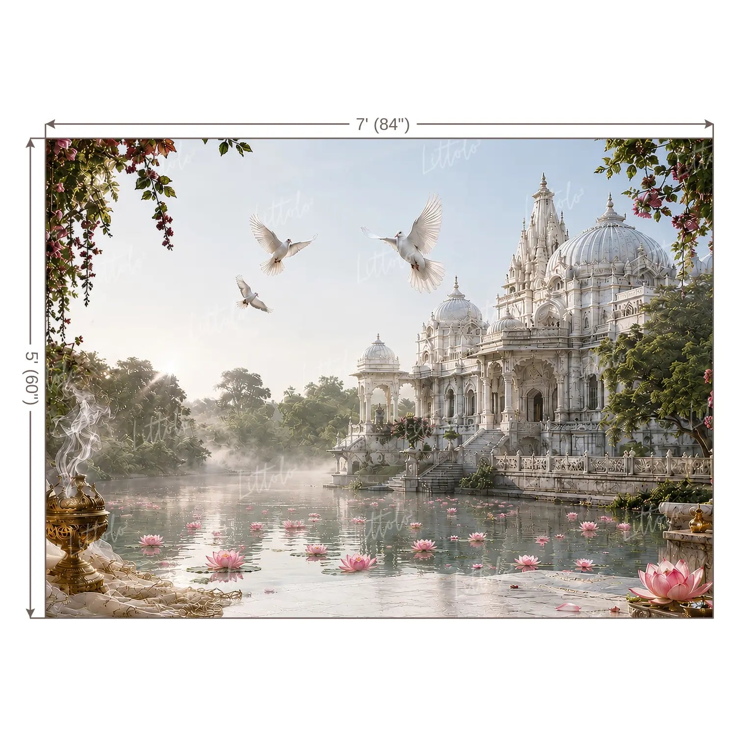 LB1642W Janmashtami Lotus Pond Temple Wall Backdrop