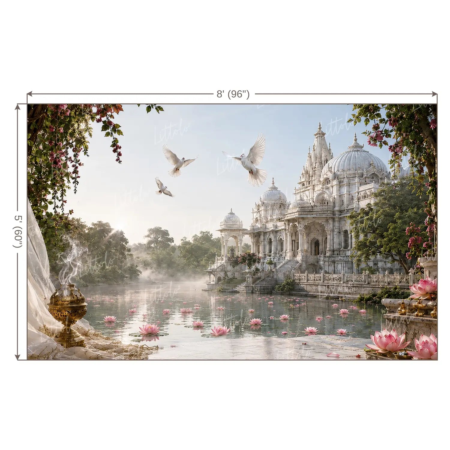 LB1642W Janmashtami Lotus Pond Temple Wall Backdrop