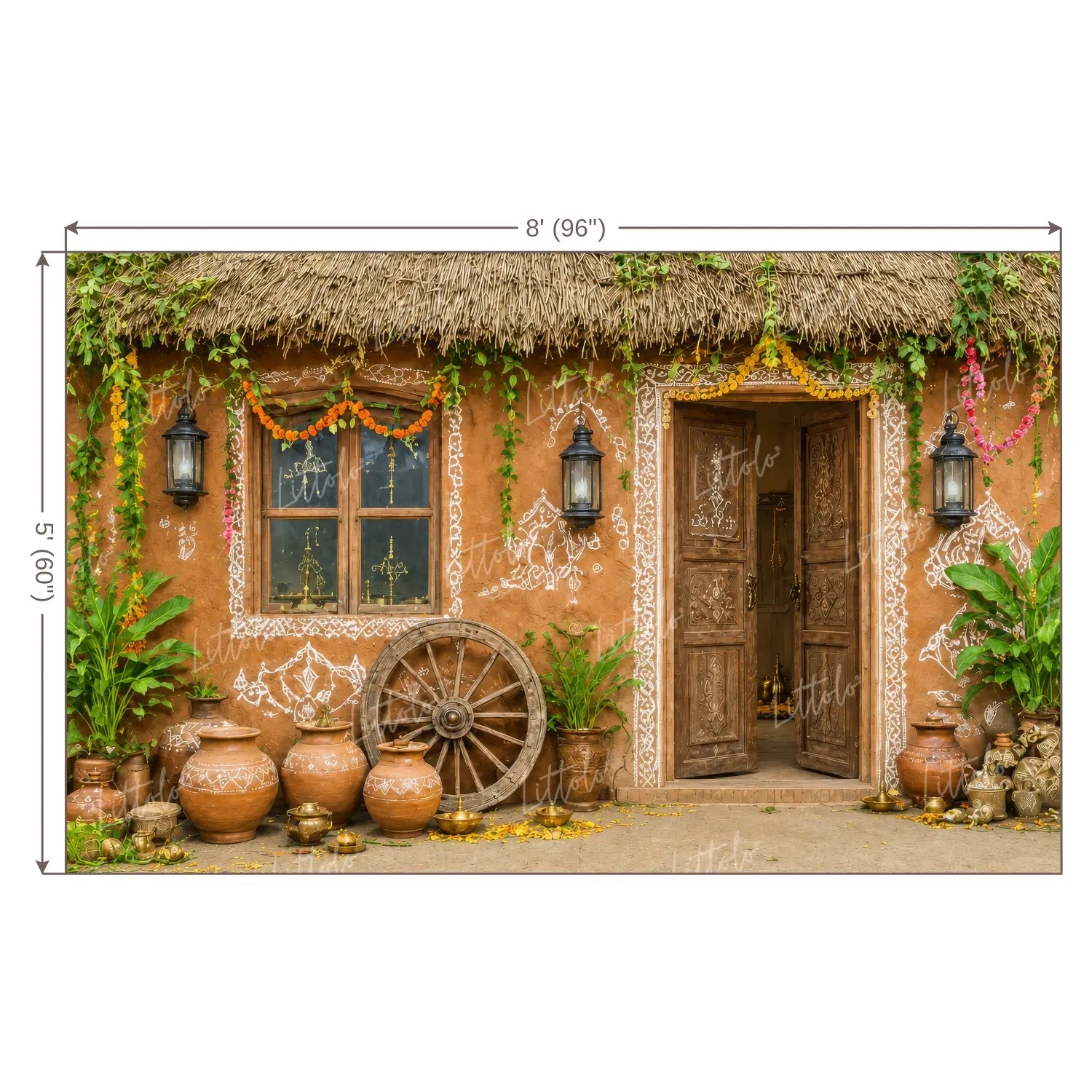LB1643W Krishna Gokul Village Hut Wall Backdrop