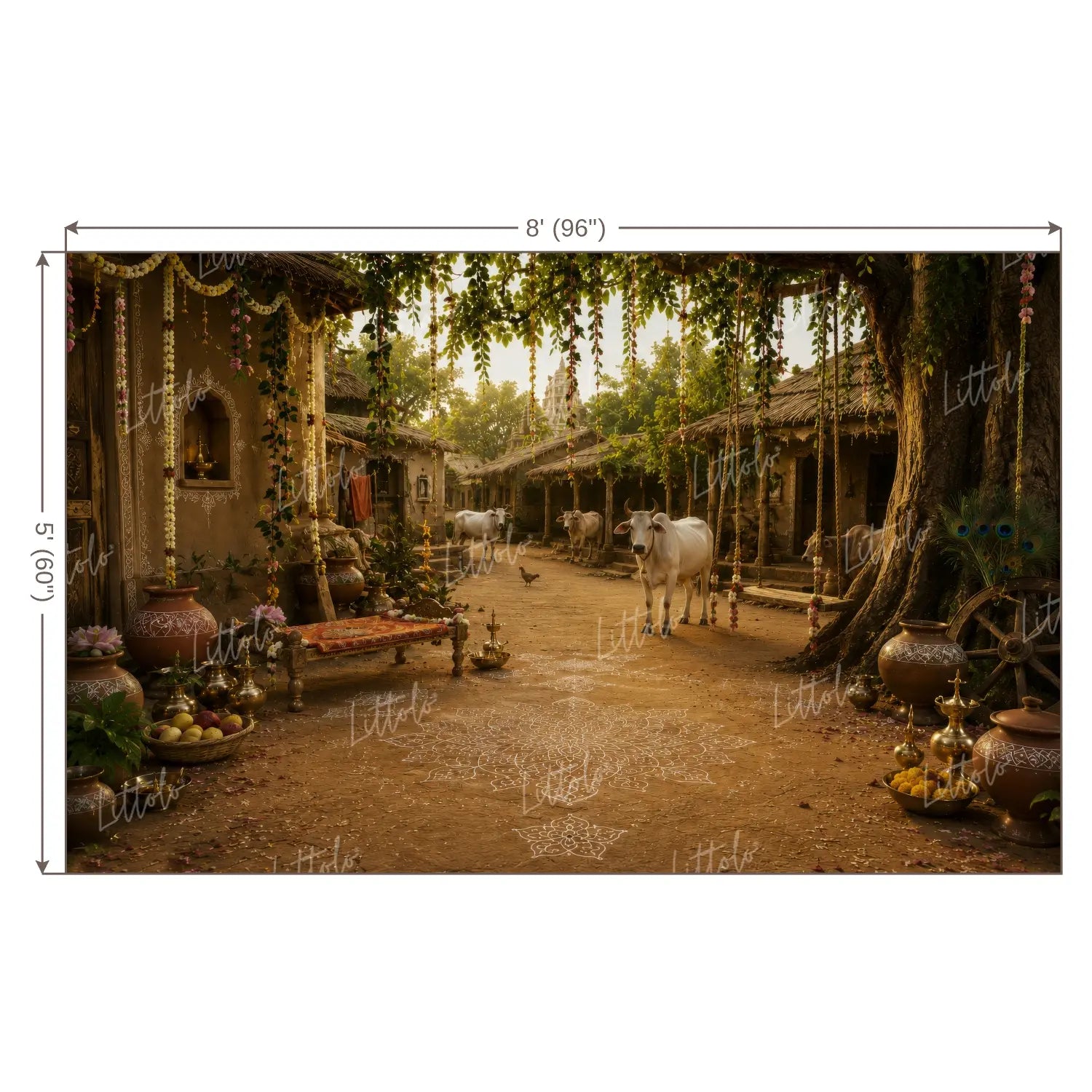 LB1644W Divine Krishna Gokul Village Wall Backdrop