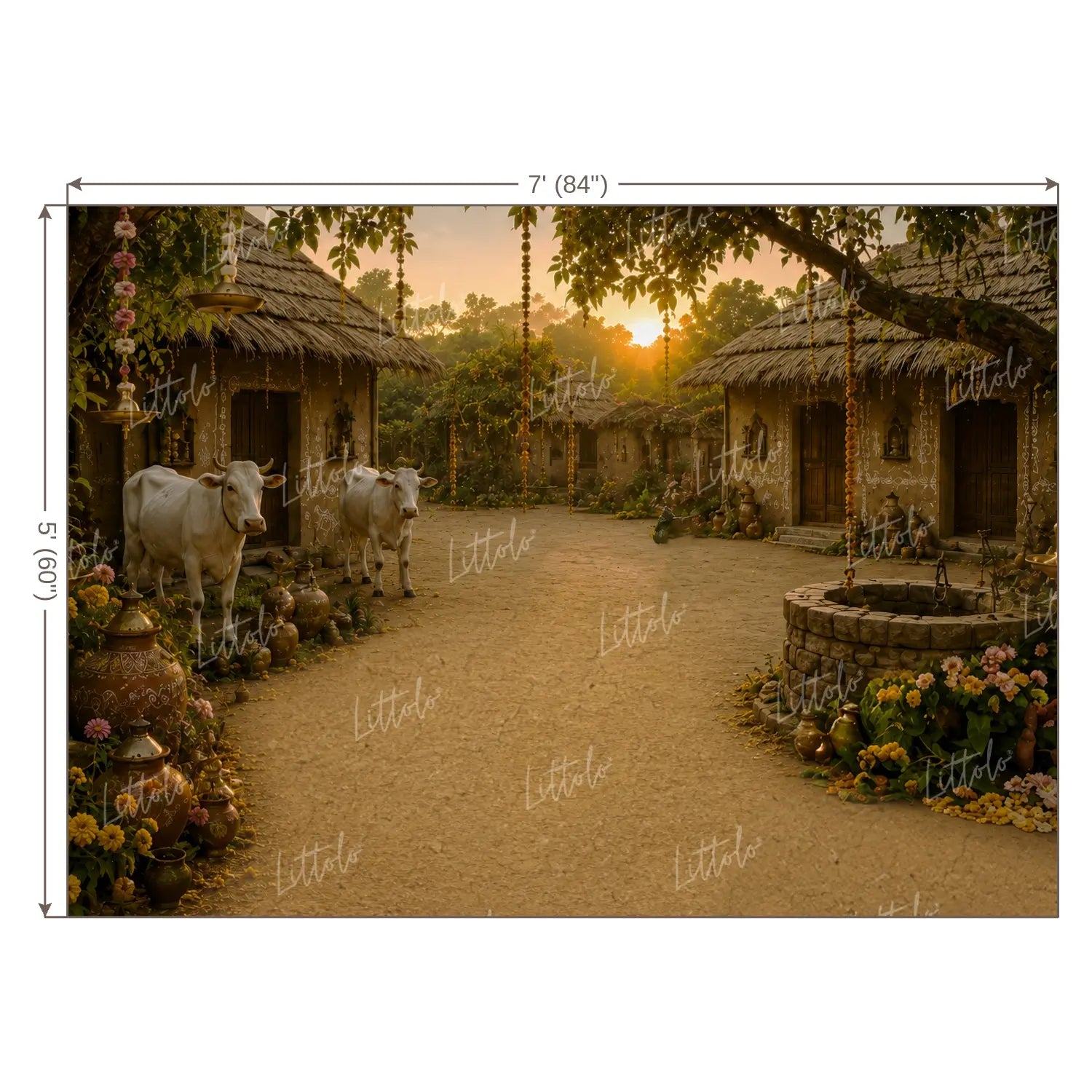 LB1646W Divine Krishna Nandgaon Village Wall Backdrop