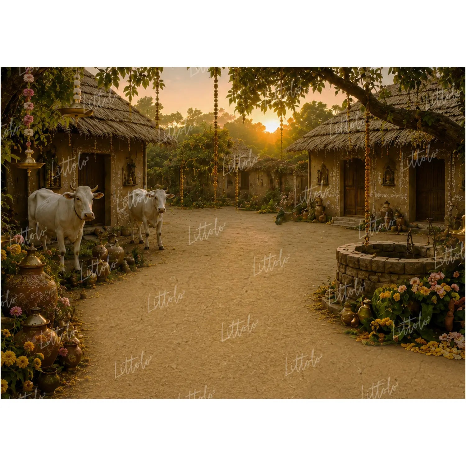 LB1646W Divine Krishna Nandgaon Village Wall Backdrop