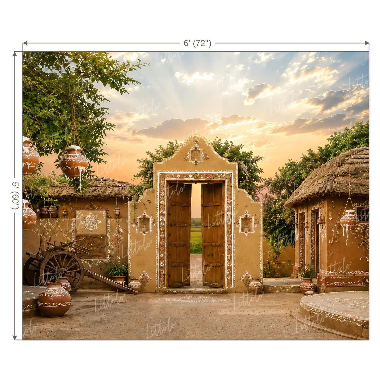 LB1648W Divine Krishna Gokul Village Entrance Wall Backdrop
