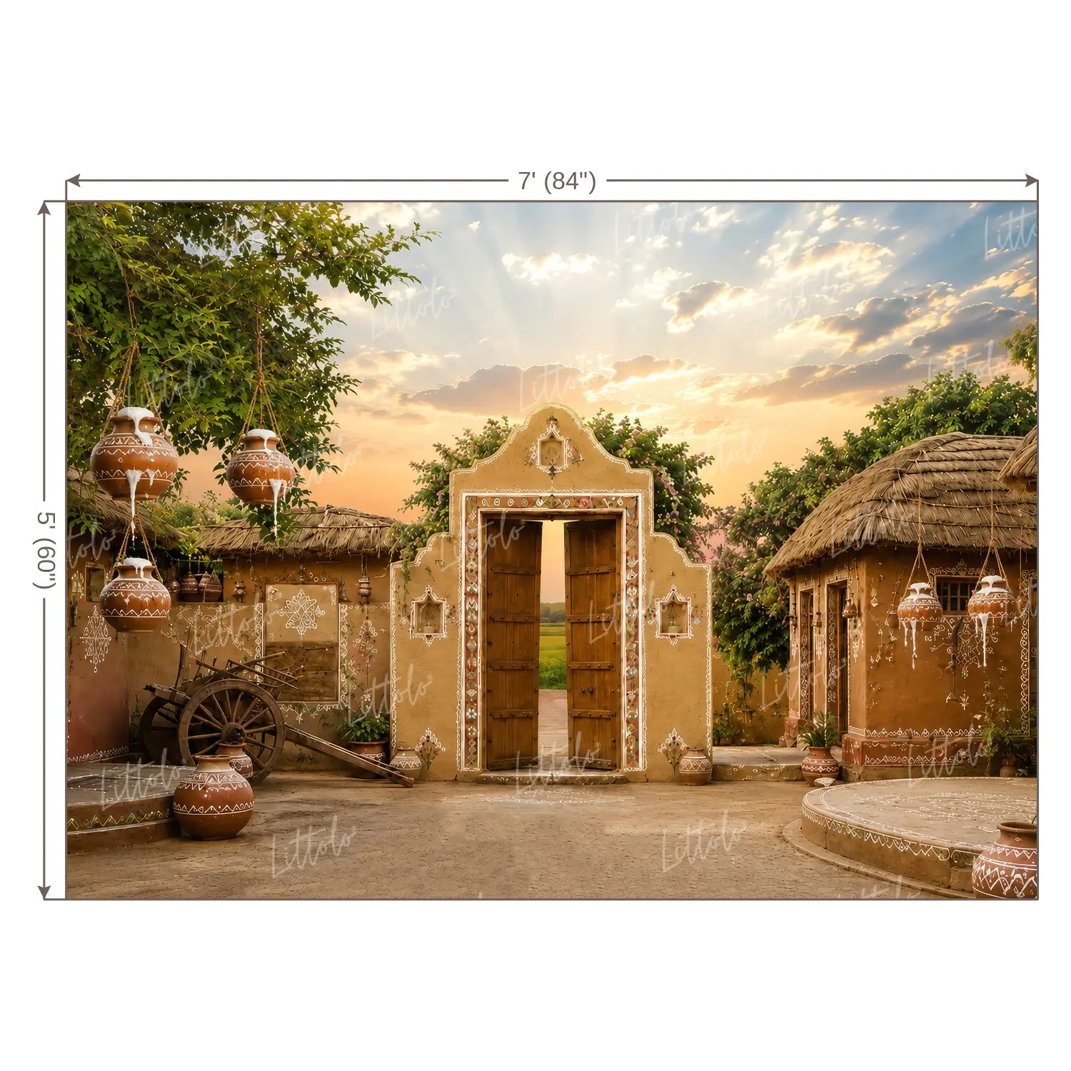 LB1648W Divine Krishna Gokul Village Entrance Wall Backdrop