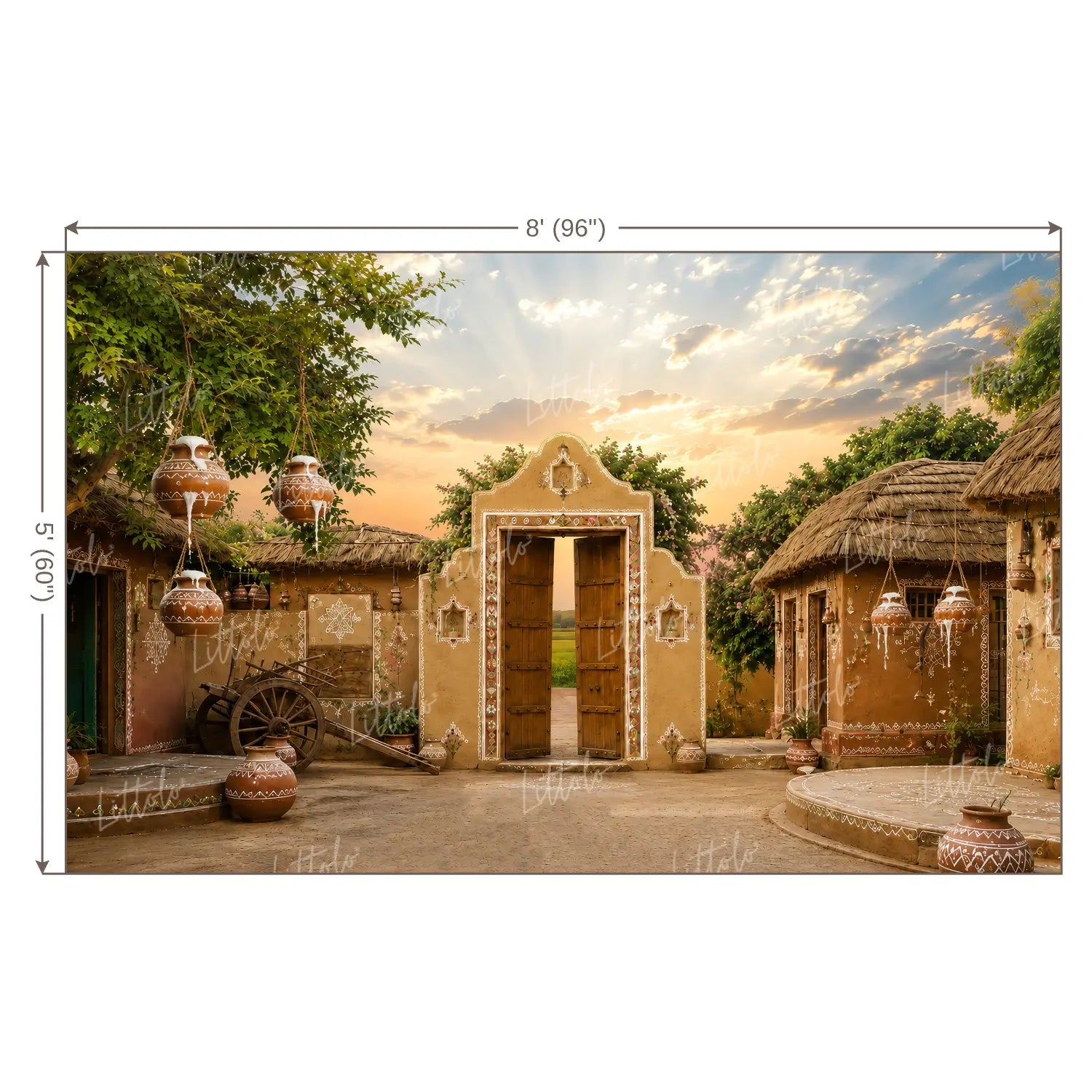 LB1648W Divine Krishna Gokul Village Entrance Wall Backdrop