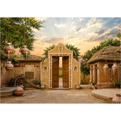 LB1648W Divine Krishna Gokul Village Entrance Wall Backdrop