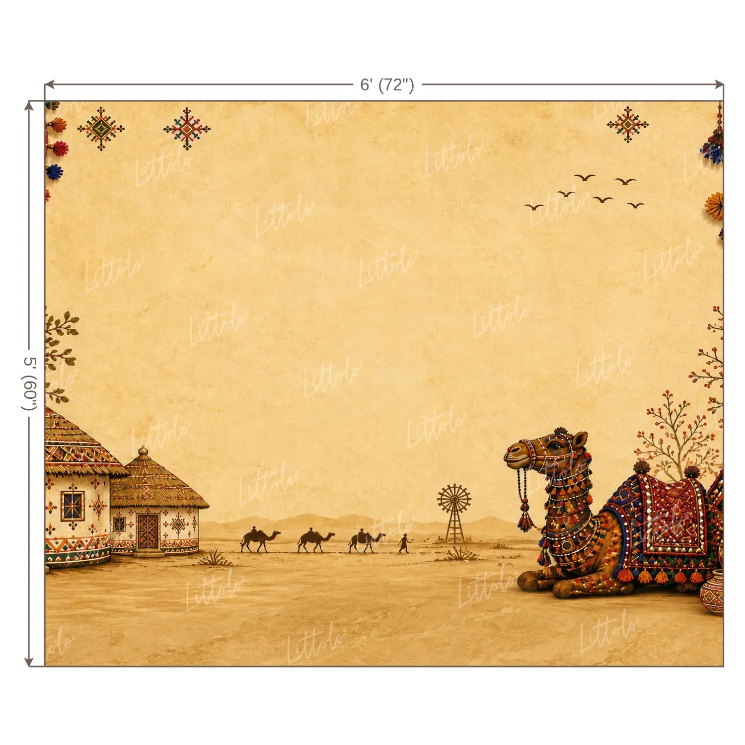 LB1663W Traditional Navratri Camel Village Wall Backdrop