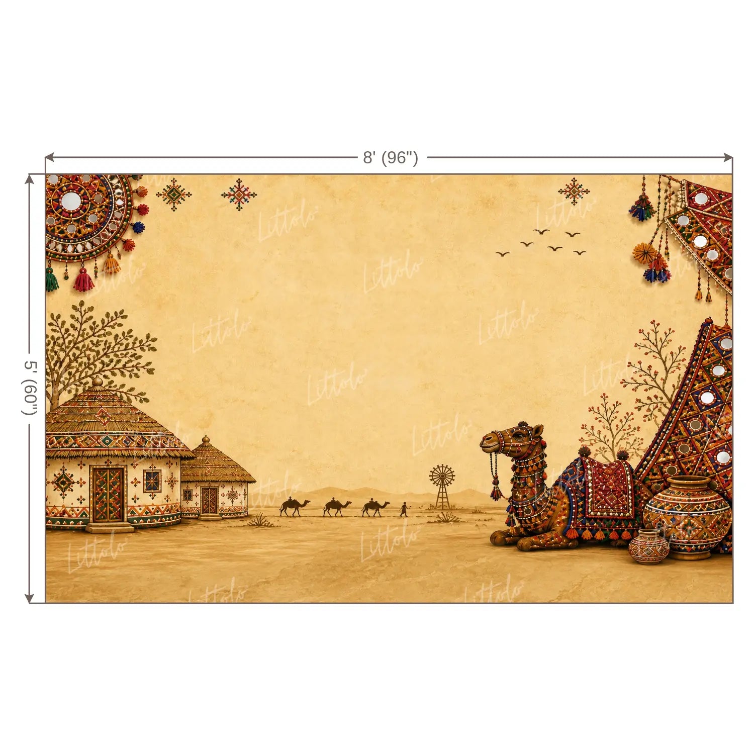 LB1663W Traditional Navratri Camel Village Wall Backdrop