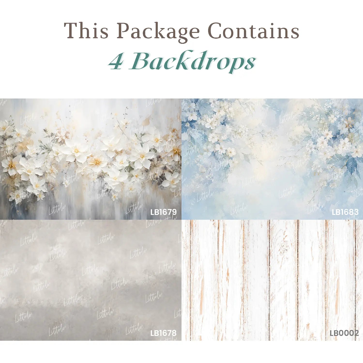 LB1696 Grey Sky Bloom & Rustic White Texture Elegance Newborn Backdrop Combo