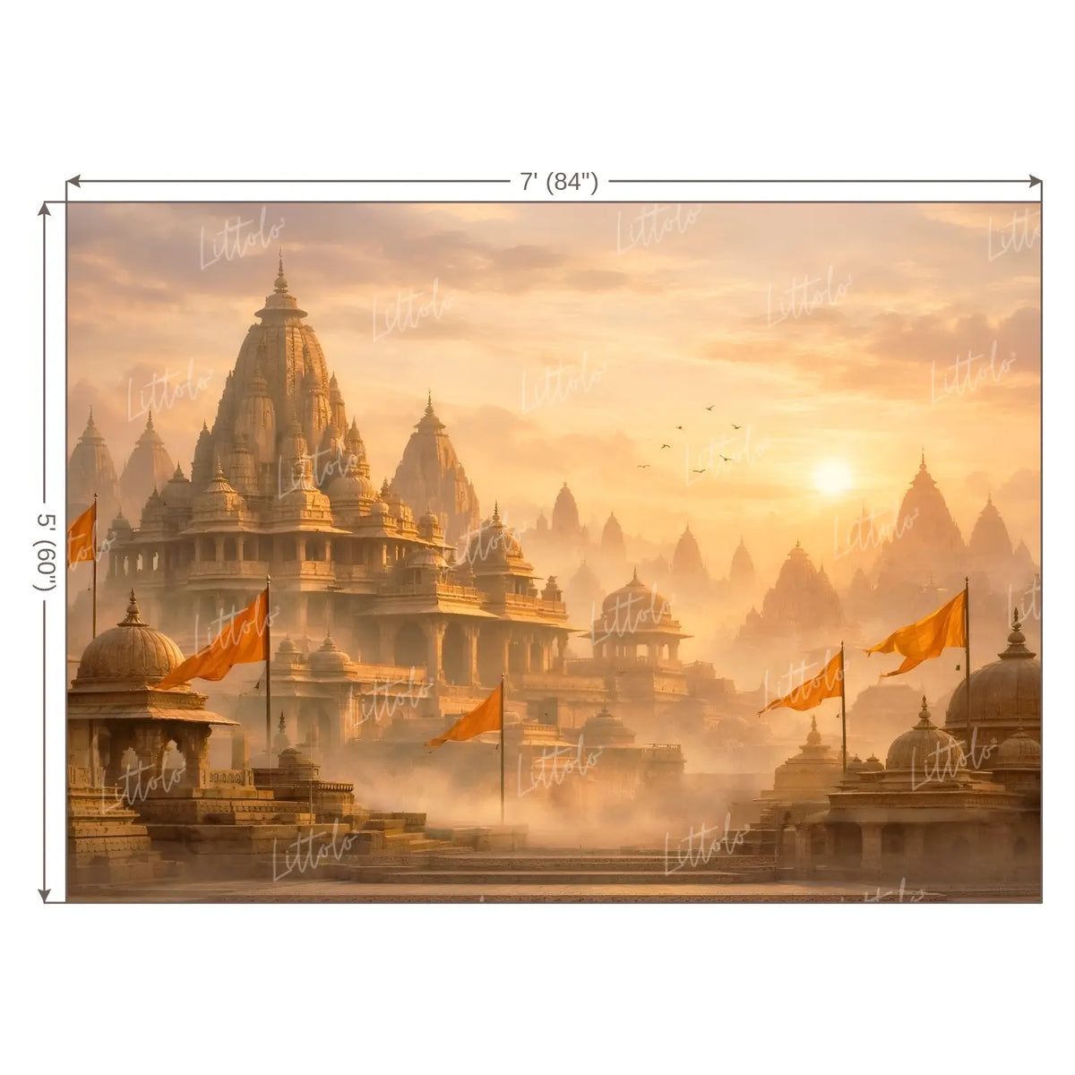 LB1598W Majestic Sunrise Ayodhya With Saffron Flags Wall Backdrop