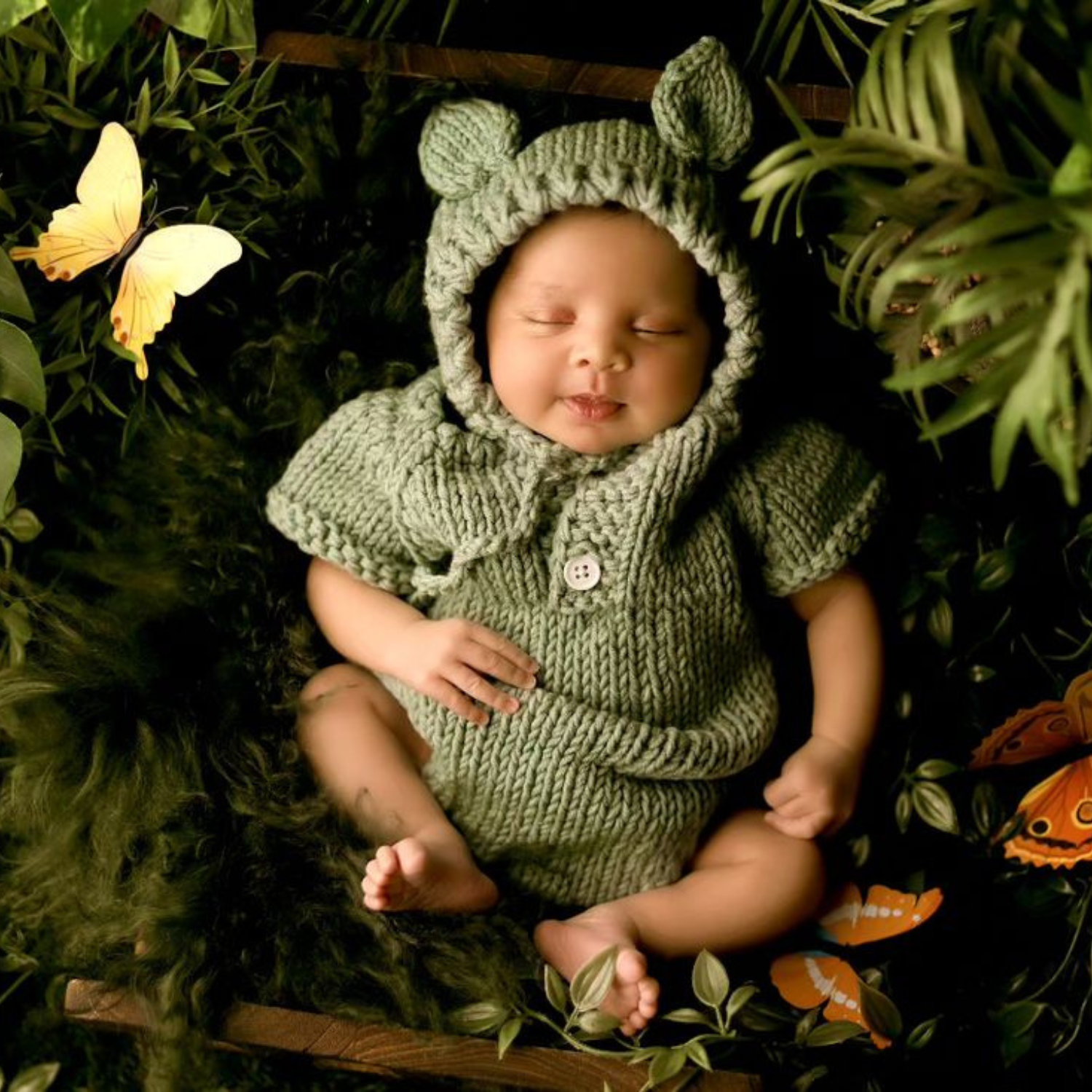 Baby Crochet Romper and Bonnet with Ears SR067 | Set of 2 | NB | Bean Green