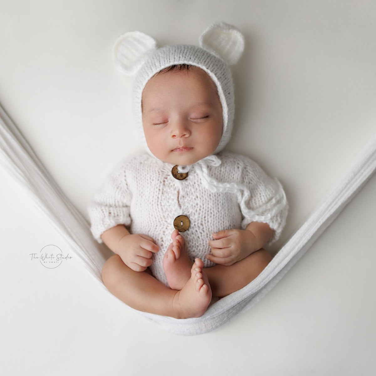 Baby Crochet Romper with half Sleeves and Bonnet with Ears SR071 | Set of 2 | NB | White