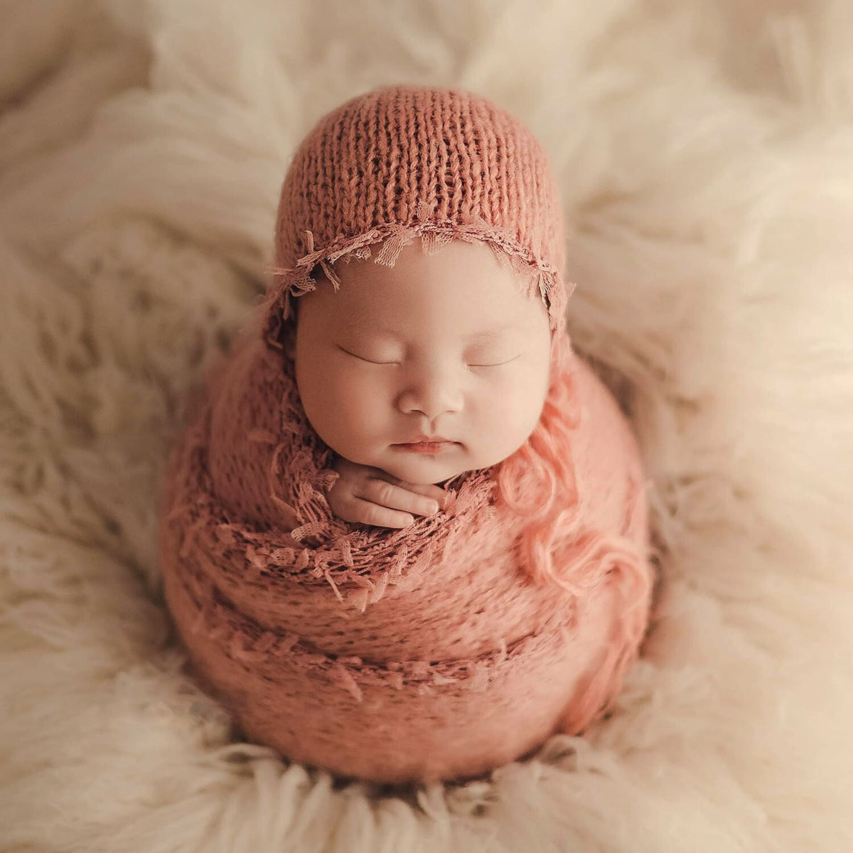 Baby Wool Knit Wrap with Mohair Bonnet SR088 | NB | Rusty Brown